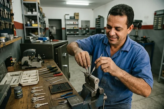 Chaveiro demonstrando técnica de abertura de porta em Vitória de Santo Antão.