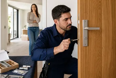 Chaveiro instalando uma nova fechadura em uma porta em Vitória de Santo Antão.